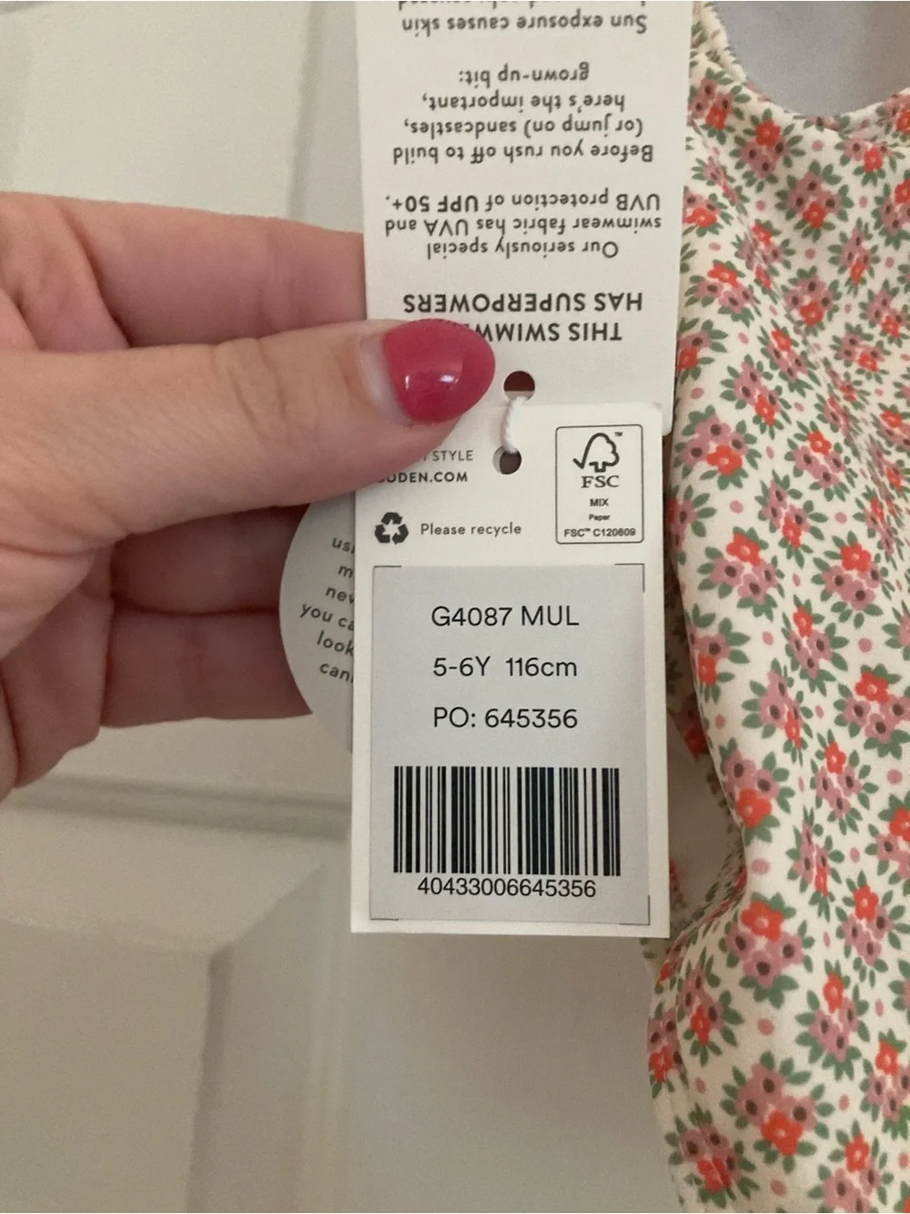 NWT Boden Girls Cream and Red Floral One-Piece Swimsuit
